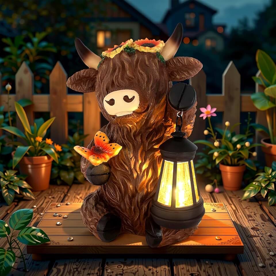 Solar Highland Cow Outdoor Statues for Garden,Outside Decor with Latern for Yard Lawn Ornaments Porch Patio Balcony Home,Birthday Easter Gifts for Grandma Mom Women