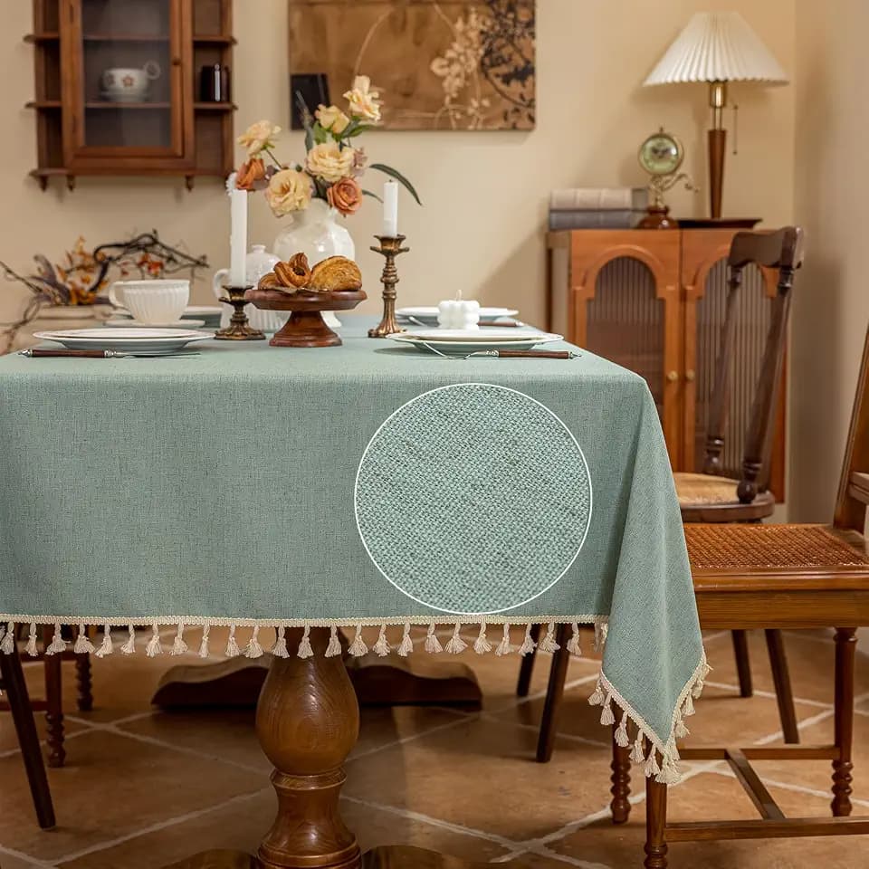 AmHoo Linen Blend Tablecloth Table Cloth 280 GSM Stitching Tassel Rectangle Decorative Natural Table Cover for Kitchen Dinning Wedding Buffet 55×102 inch Teal