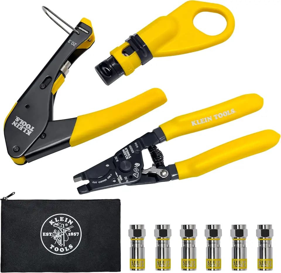Klein Tools VDV026-211 Coax Installation Kit with Crimp Tool, Cable Cutter, Stripper and F Connectors with Storage Bag