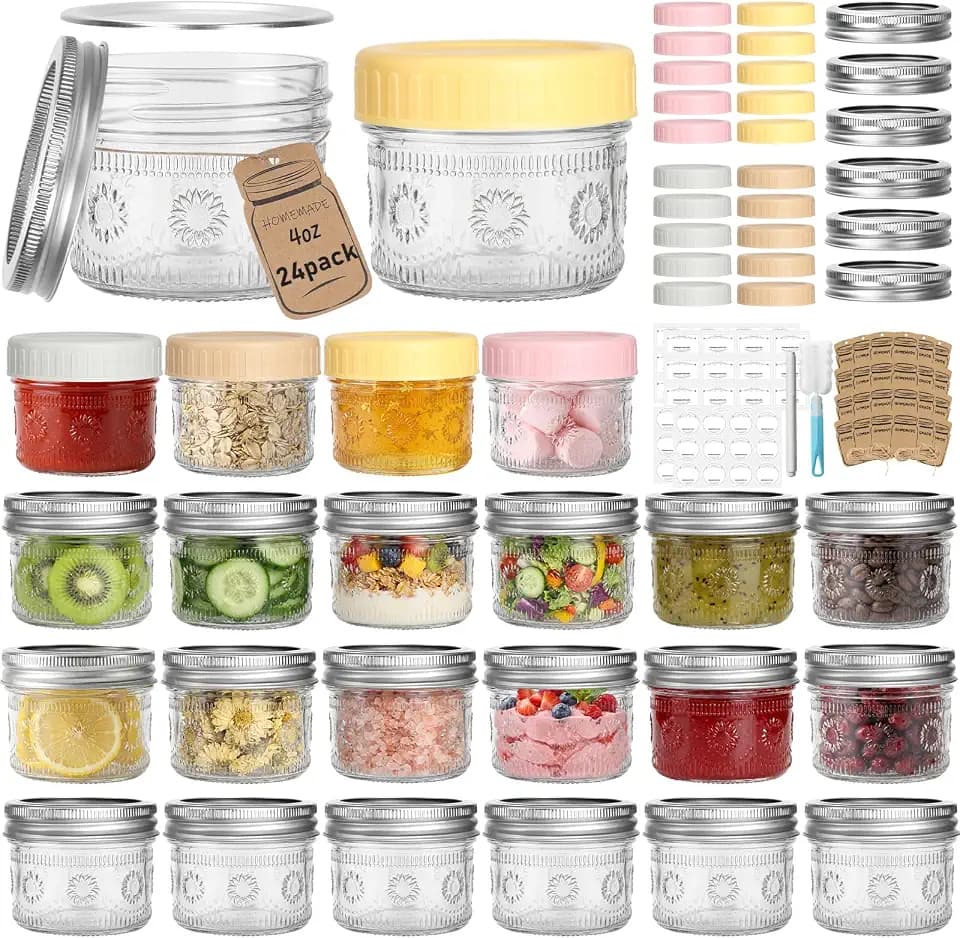 CycleMore 4oz Sunflower Glass Jars 24-Pack with 2 Types of Lids for Events
