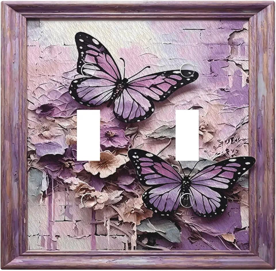 Decorative Art Light Switch Covers Outlet Covers 2 Gang Double Toggle Wall Plate Decorative Switchcover Electrical Switchplate for Home Decor Purple Butterfly