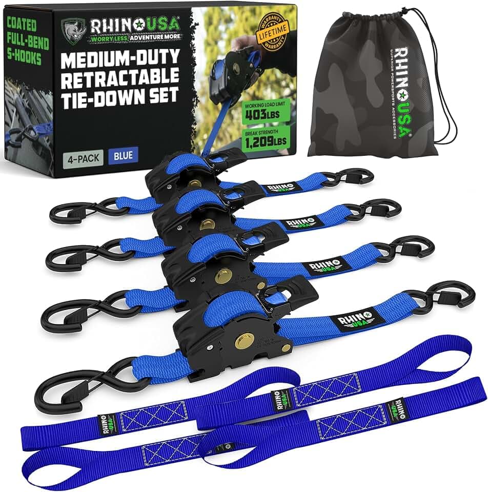 Rhino USA Retractable Ratchet Straps (4-Pack) - 1in x 10ft, Blue
