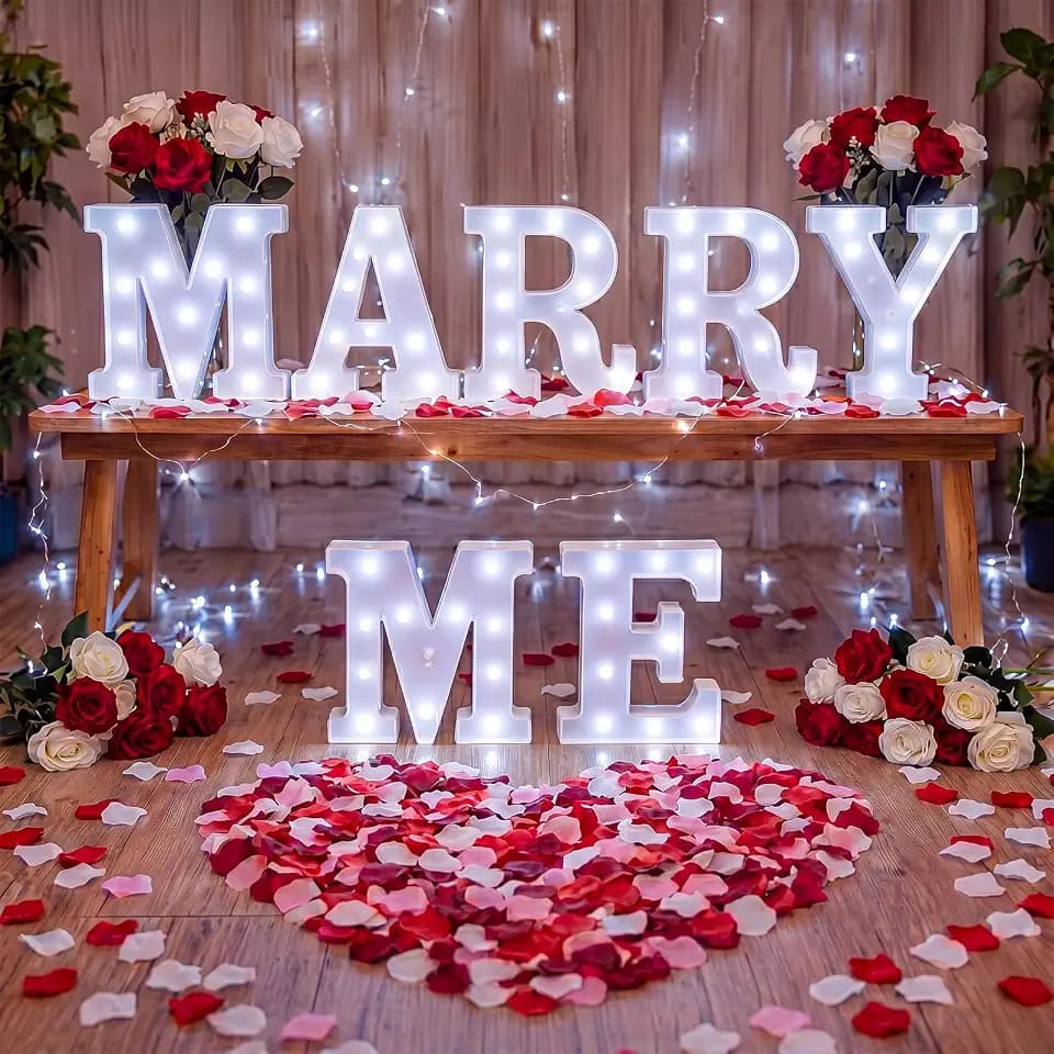 Roowest Marry Me Letters Light Proposal Decorations Set Includes 7 LED 8.66" Romantic Marry Me Sign and 1000 Rose Petals for Proposal Engagement Wedding Decor(White)
