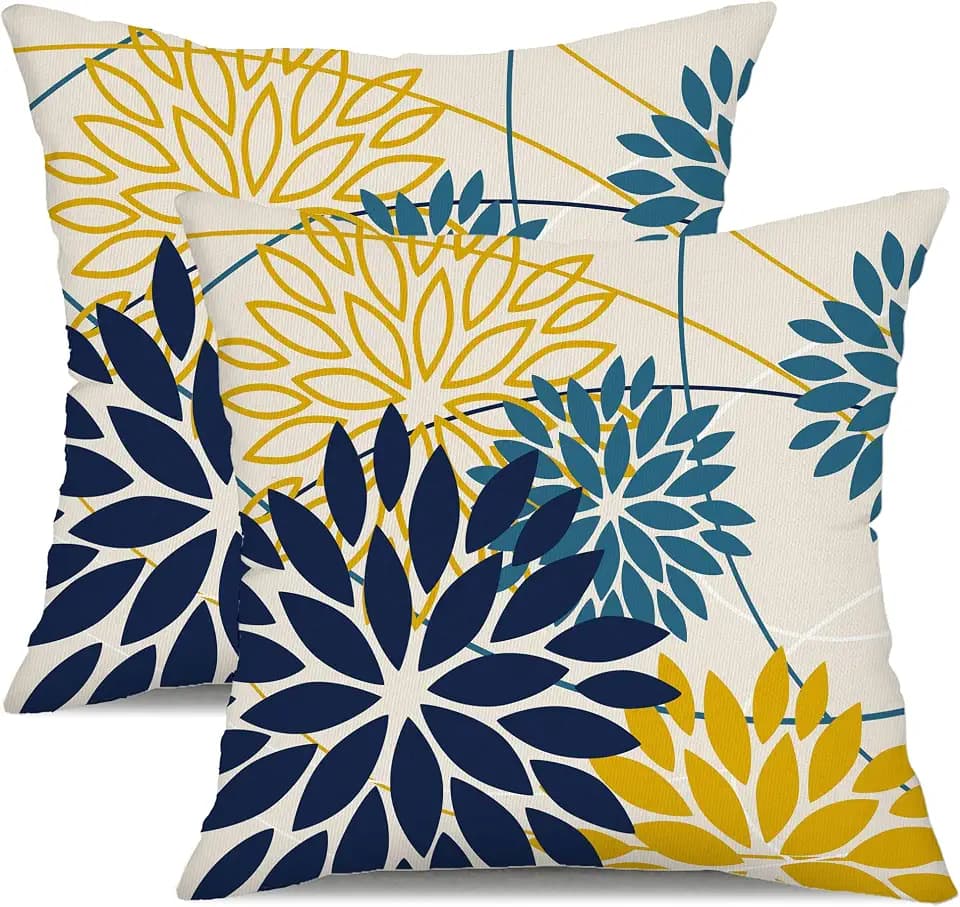 DFXSZ Blue Yellow Floral Outdoor Pillow Covers 18x18 Set of 2 Waterproof