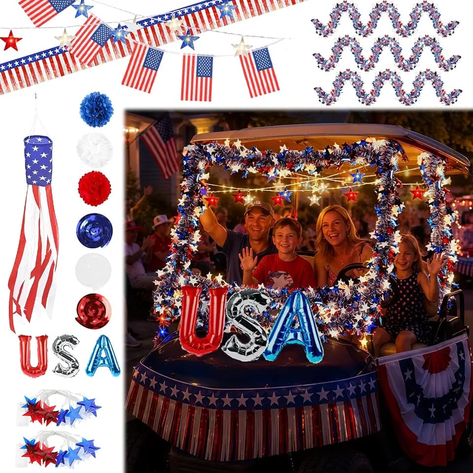 74 PCS Lighted Patriotic Golf Cart Decorations Kit with LED Star String Lights, Red White Blue Veterans Day Decor Tinsel Garland Flags Balloons for 250th Anniversary Parade