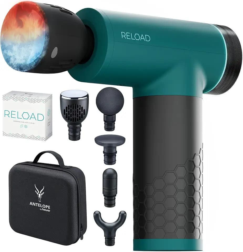 Antelope by Beurer RELOAD Massage Gun mit Wärme- und Kältefunktion, Muskelmassagegerät für Triggerpunkte, 5 Massageköpfe, 5 Intensitätsstufen bis 3000 U per min, kabellos, inklusiv Aufbewahrungskoffer