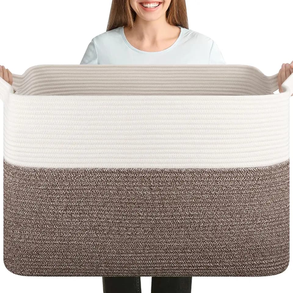 OIASKET 108L Cotton Rope Storage Basket for Living Room and Bedroom 25"x16"x16" Woven Laundry Basket, Heavy Duty Bin for Blankets, Pillows & Toys, Pet-Safe & Scratch-Free, Dark Brown and White