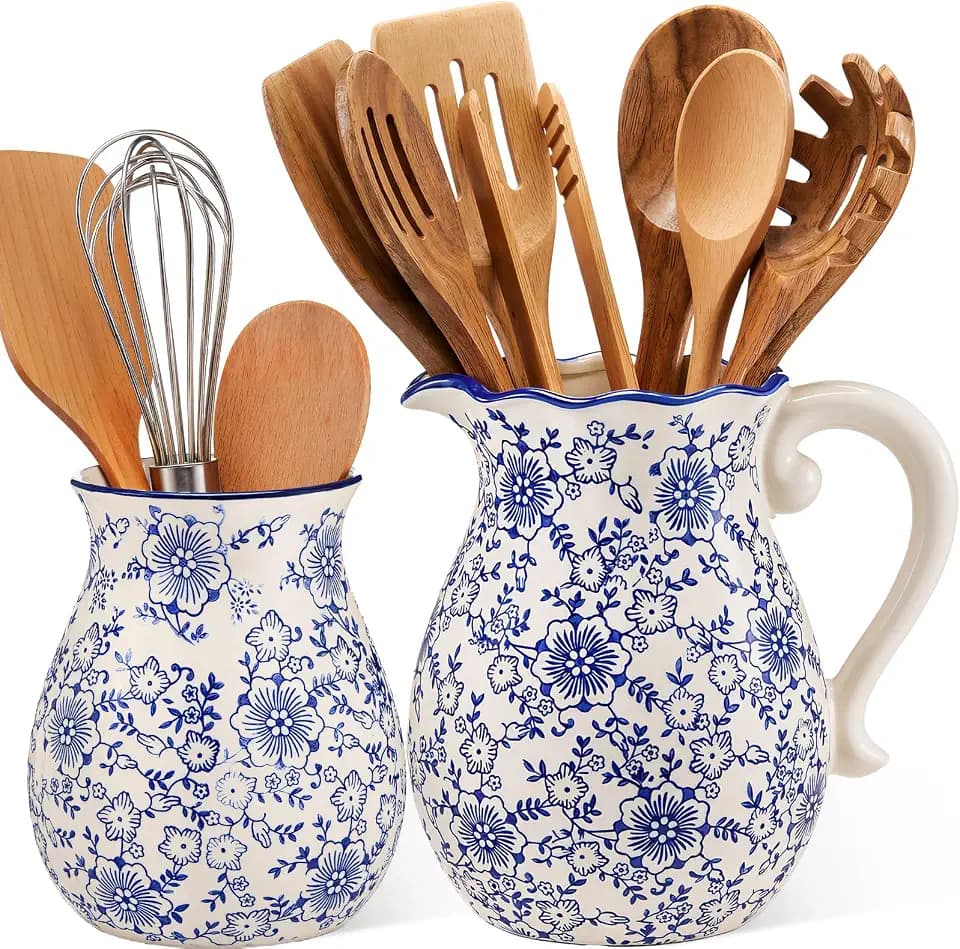 2 Pack Blue Chinoiserie Floral Rustic Kitchen Utensil Holder 7.87" 6.10" Ceramic Utensil Holder for Kitchen Counter Vintage Farmhouse Crock Spatula Organizer for Decor Housewarming Gift