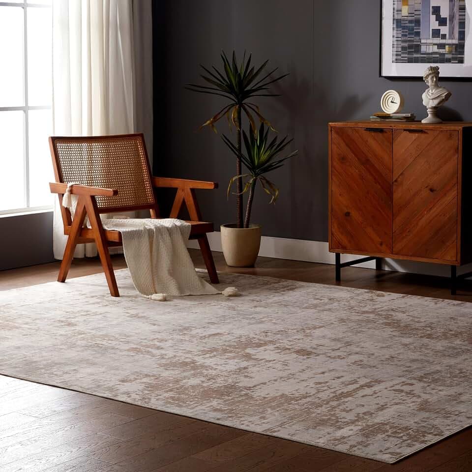 SLEEP ZONE 6x9 Area Rug for Bedroom, Washable Area Rug Non Slip Carpet for Livingroom, Abstract Vintage Low Pile Water Resistant Rugs Indoor, Beige