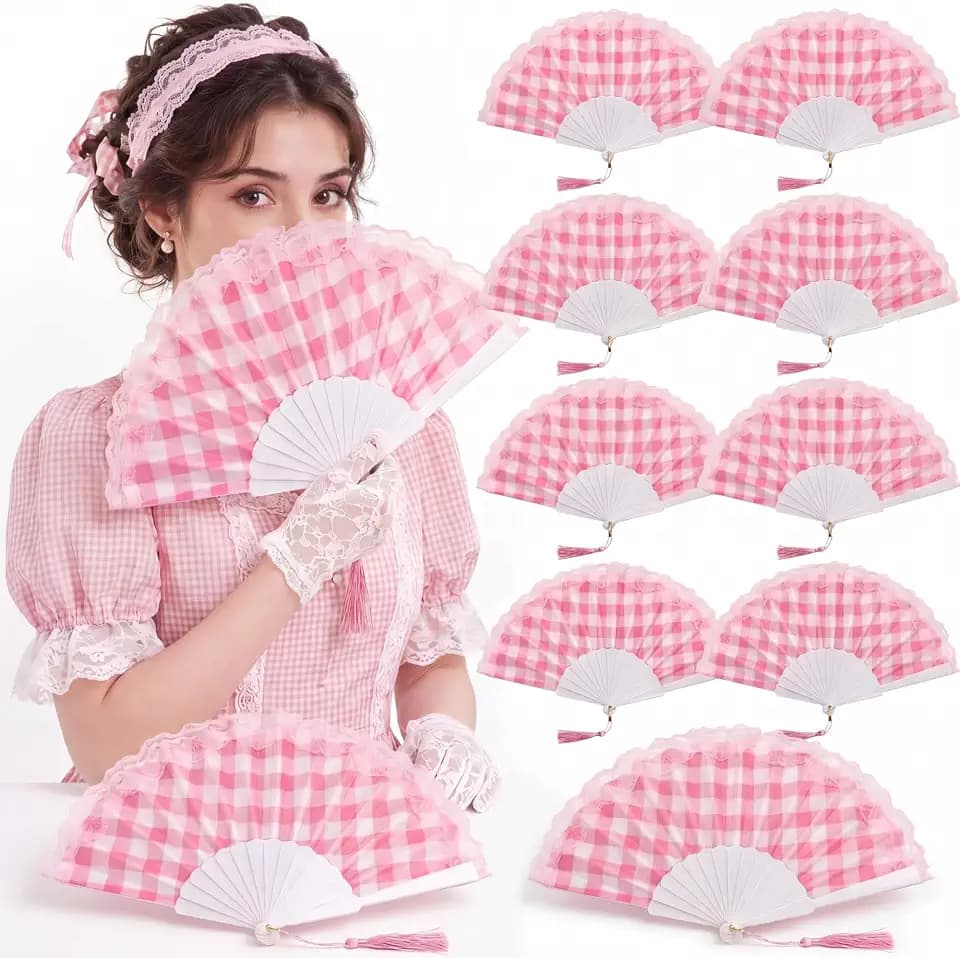 12 Pack Pink Gingham Hand Fans, Folding Fans with Lace Trim Party Favors