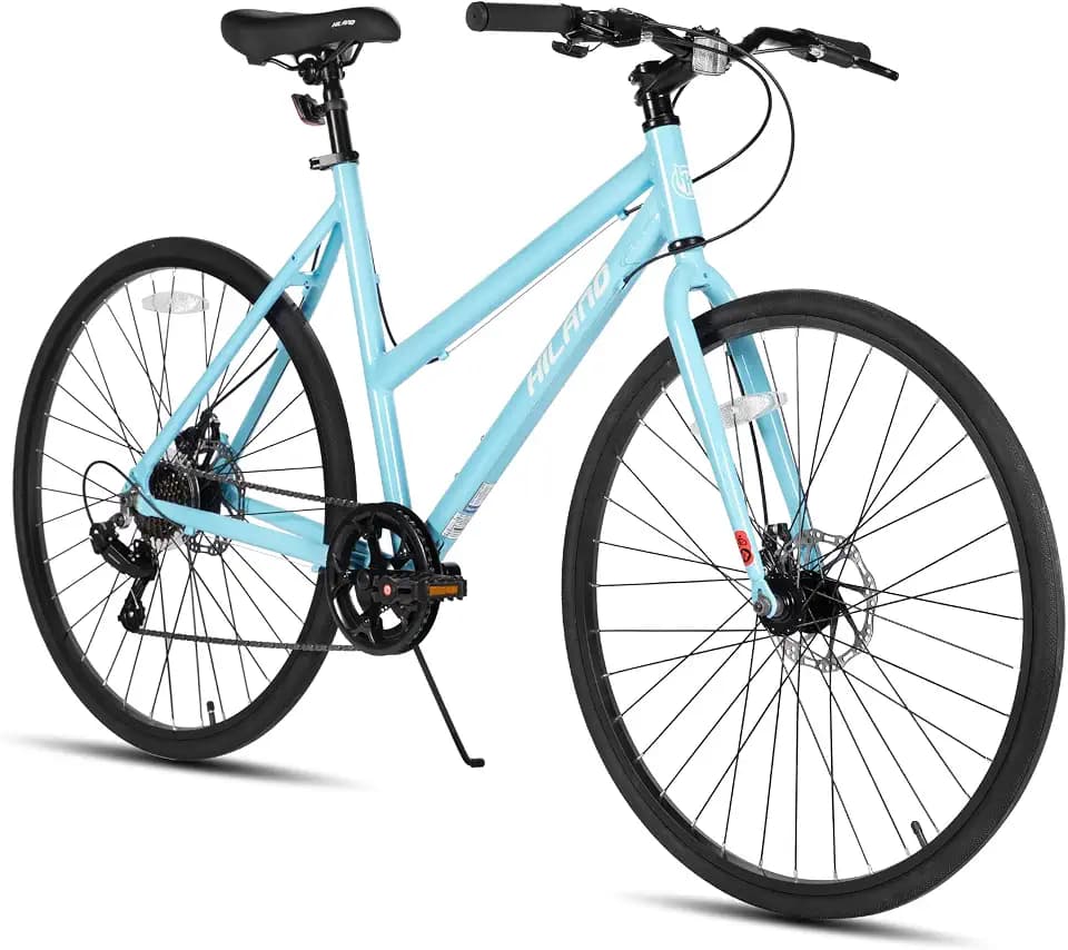 HILAND 700C Hybrid Bike, 7-Speed Urban Commuter Bicycle for Men & Women, Lightweight Aluminum Frame, Dual Disc Brakes, Low-Step Step-Through City Road Bike for Commuting & Fitness