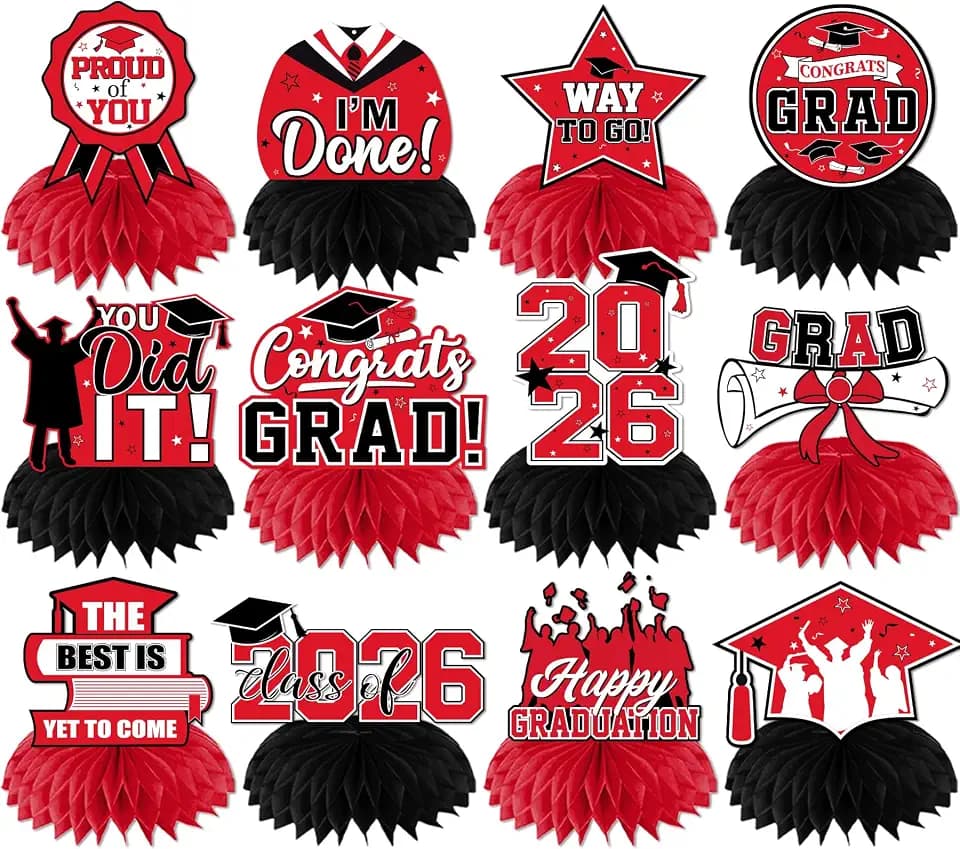 12Pcs Red and Black Graduation Decorations 2026 Honeycomb Centerpieces, Class of 2026 Graduation Centerpieces for Tables Red Congrats Grad Graduation Table Decorations, Red Graduations Table Toppers