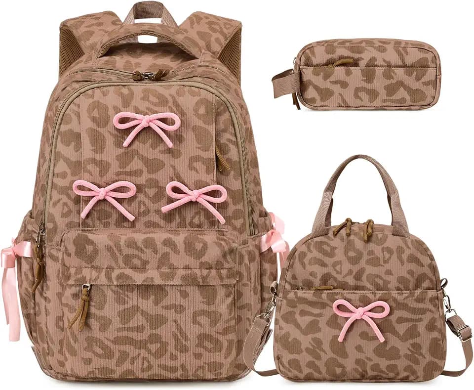 Backpack for Girls Corduroy 3PCS Bow School Bookbag for Teen Girl