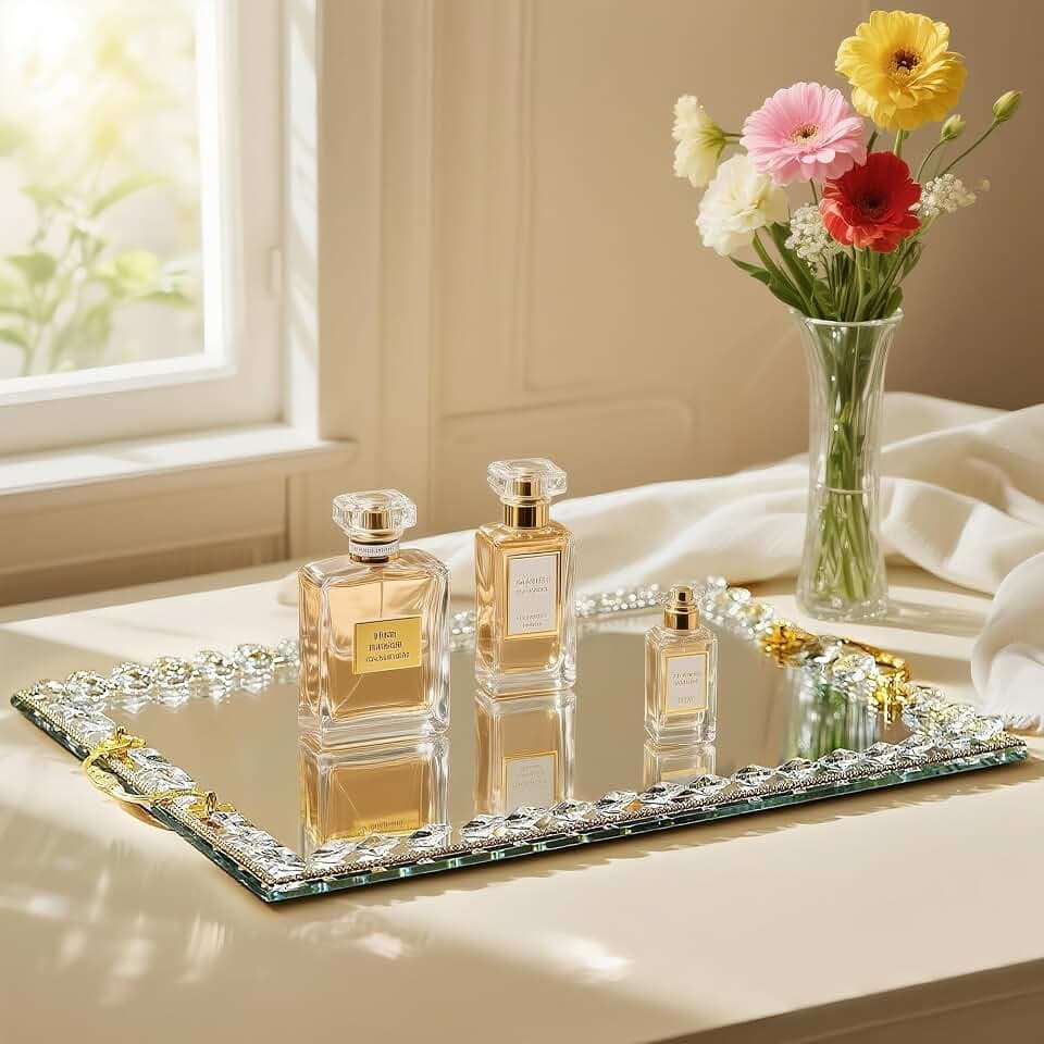 Large Crystal Tray Modern Glass Mirror Jewelry Trinket Trays with Diamond