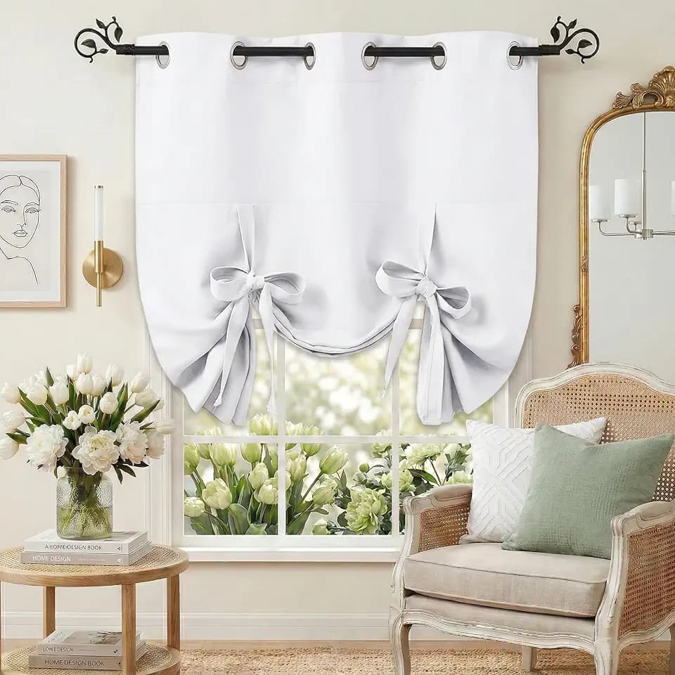 Pony Dance Kitchen Curtains for Windows - Tie Up Curtain Small Valances Set Adjustable Grommet Top Roman Shades for Home Decoration, W 42 x L 45 in, Pure White, 1 PC