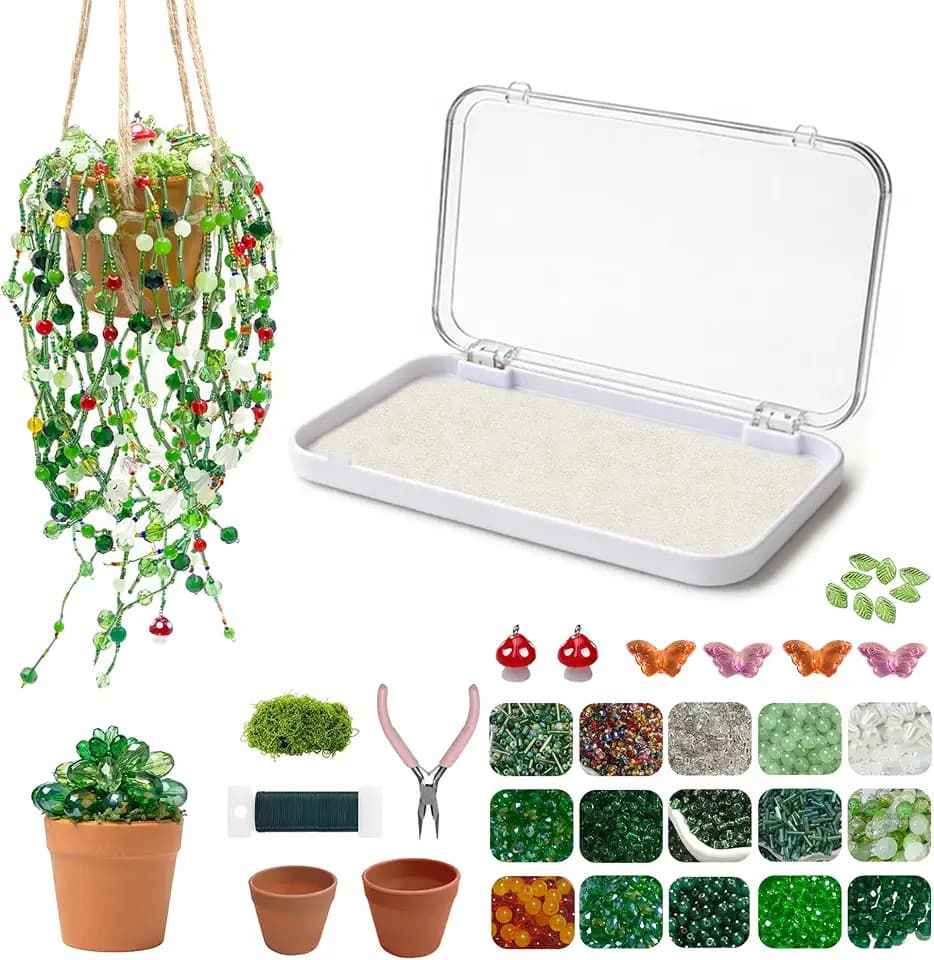 HOSHARM 6540 Pcs Green Glass Beaded Plant Kit with pots, Green Beads for Beaded Plants with Detailed Instructions, Potted Beaded Plants Craft Kit for Adults & Hobbyists, Home & Office Desktop Decor