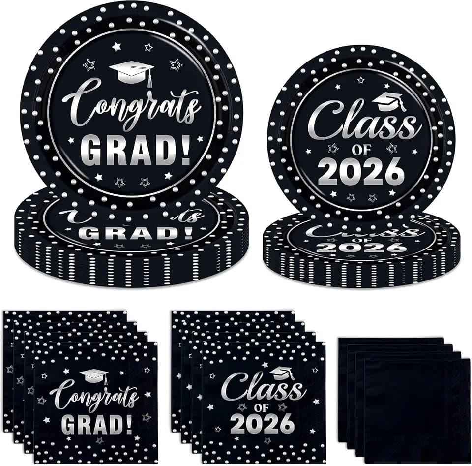 Juweked Black and Silver Graduation Paper Plates and Napkins Serve 50, Polka Dots Graduation Decorations Class of 2026 Congrats Grad Decorations for College High School Grad Party Supplies