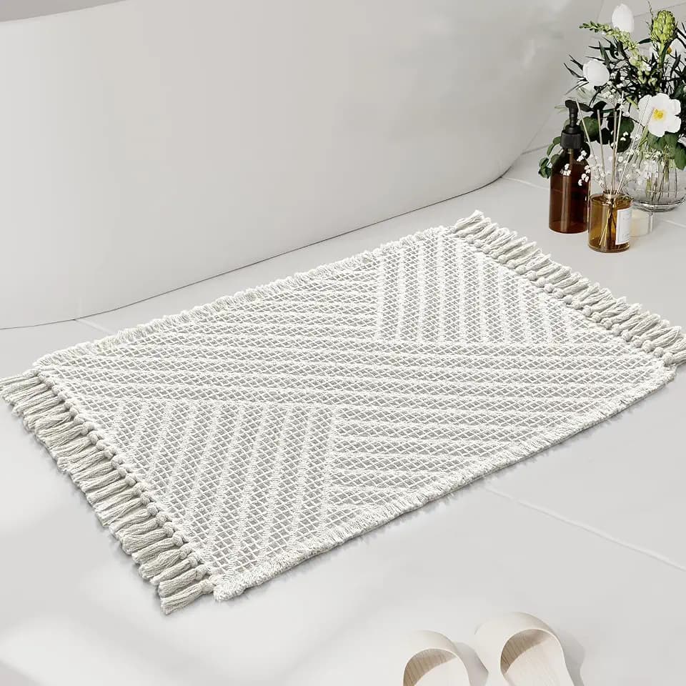 H.VERSAILTEX Waffle Bath Mat Super Absorbent Boho Bath Mat Non Slip Bath Rugs for Bathroom Floor Machine Washable Dry Fast Bathroom Rugs with Tassels, 20" x 32", Ivory White