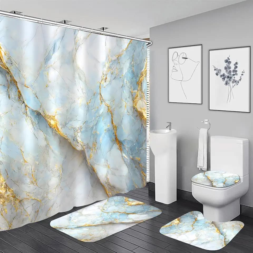 Nkzply 4 Pcs Blue Marble Shower Curtain Set White Bathroom Sets with Shower Curtain and Rugs Gold Modern Abstract Bathroom Decor Accessories Bathroom Rugs Toilet Lid Cover with Hooks