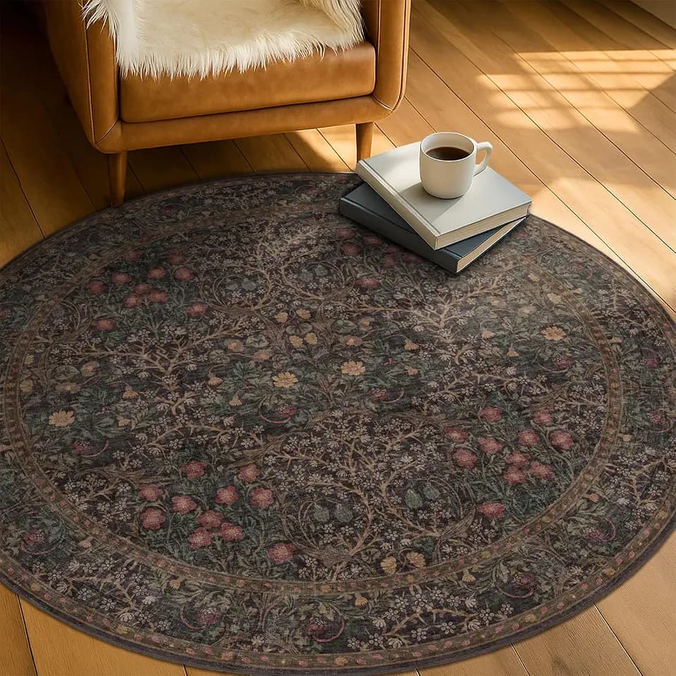 Vintage Brown 5ft Round Area Rug for Living Room, Washable Circular Bedroom Rug, Soft Ultra-Thin Non-Slip Floral Circle Carpet for Kitchen, Home Office, Dark Brown Boho Moody Forest Décor