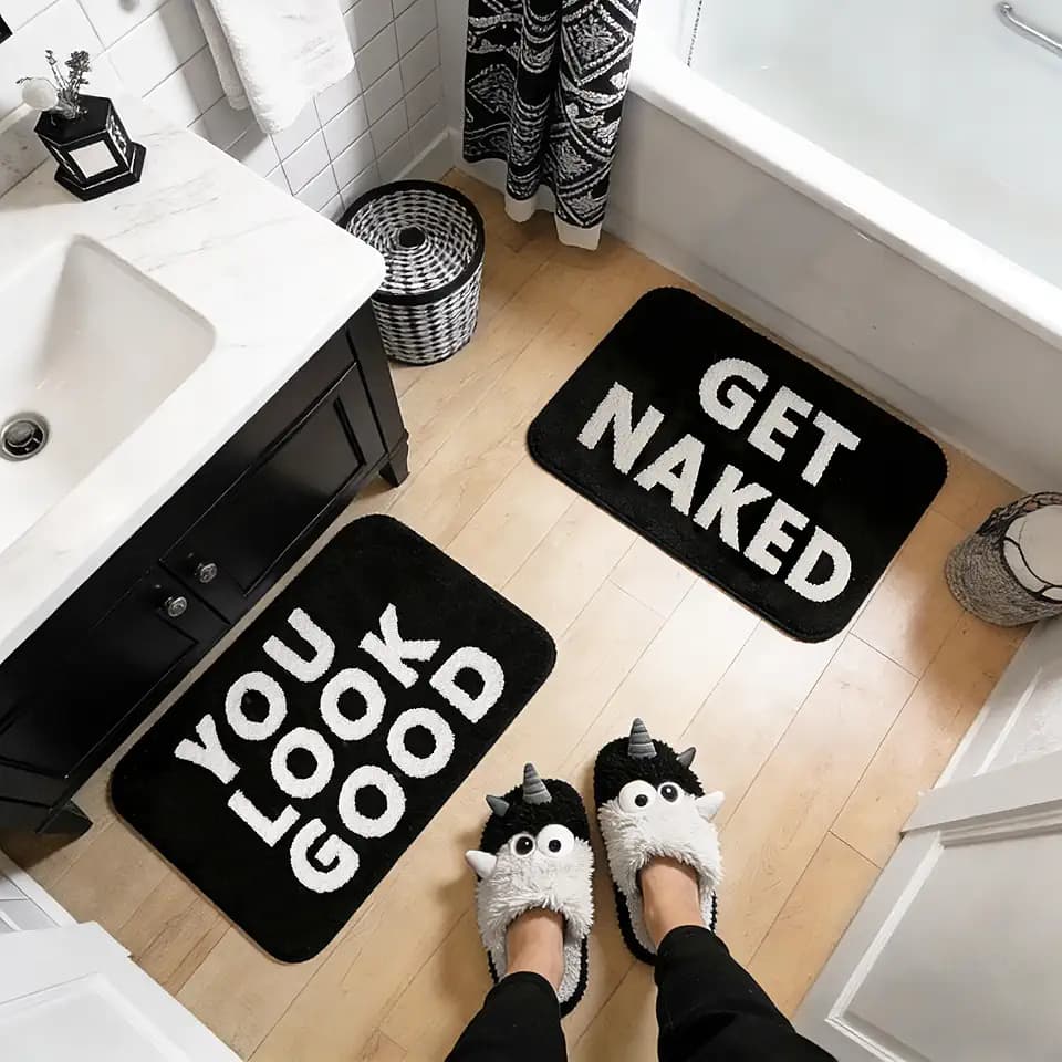 2PCS Get Naked Bath Mat & You Look Good Bath Rug, Funny Bathroom Rug Set