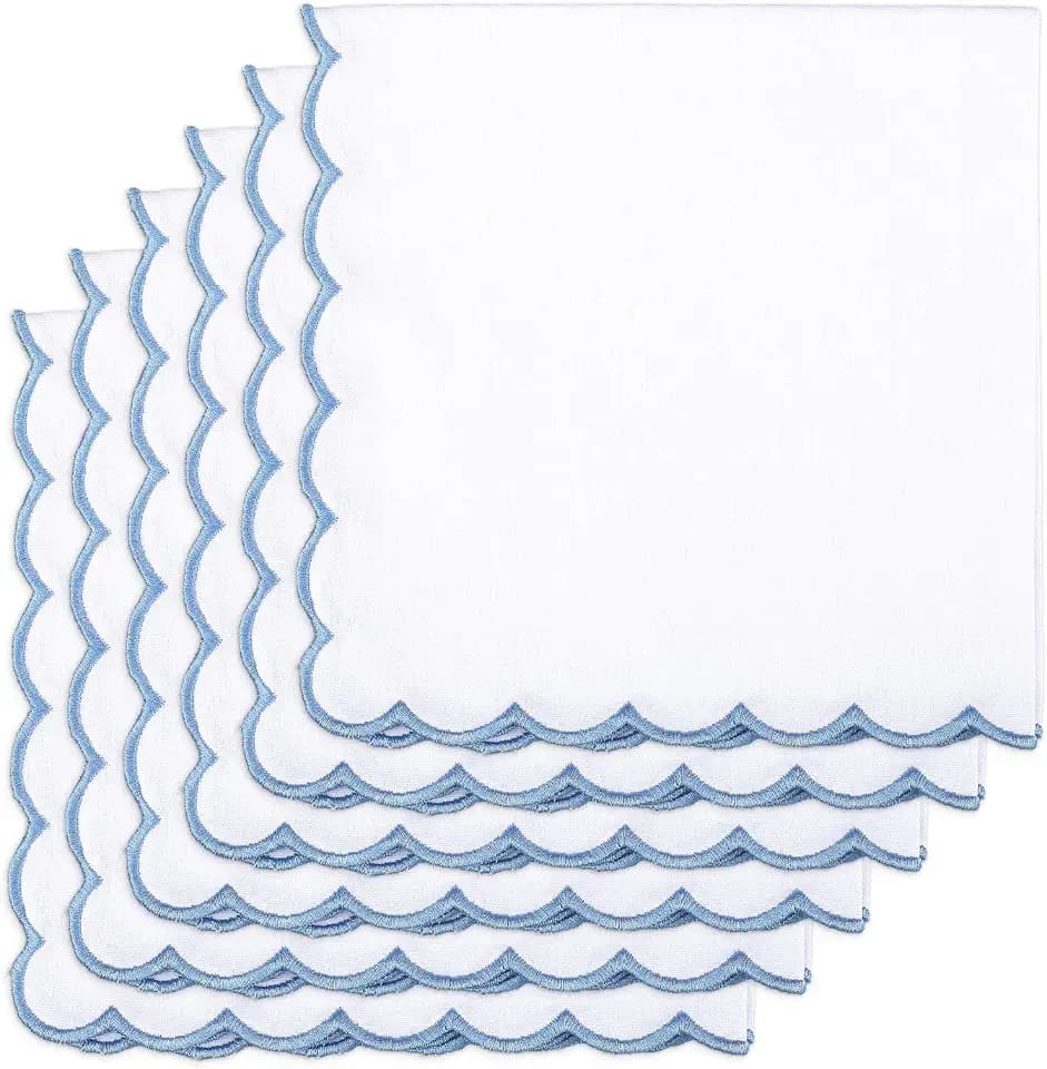 Hahafelt 6 Pack Blue and White Cloth Napkins 18x18 Scalloped Embroidery