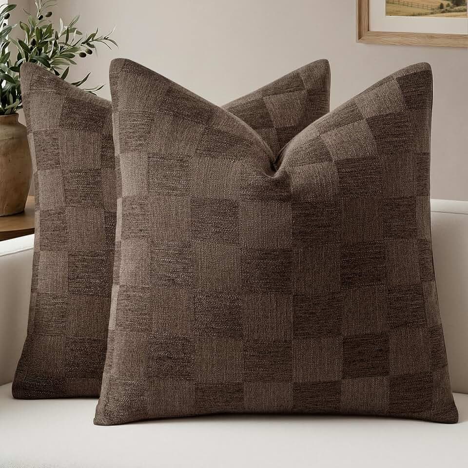 a moment Set of 2 Decorative Linen Throw Pillow Covers,Large Grid Textured Neutral Boho Farmhouse Cushion Covers,Soft Aesthetic Pillowcases for Couch Sofa Living Room Home Decor,18x18 Inch,Dark Brown