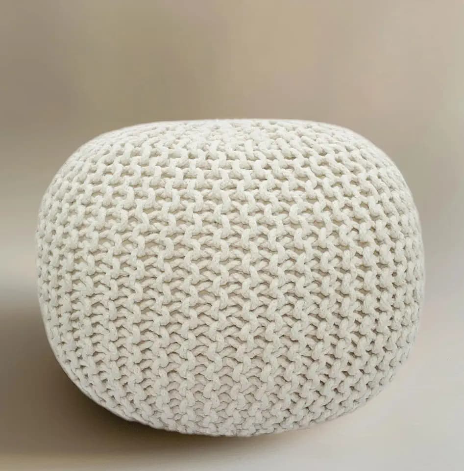 COTTON CRAFT Round Ivory Pouf -Hand Knitted Cotton Braid Cord Dori Ottoman