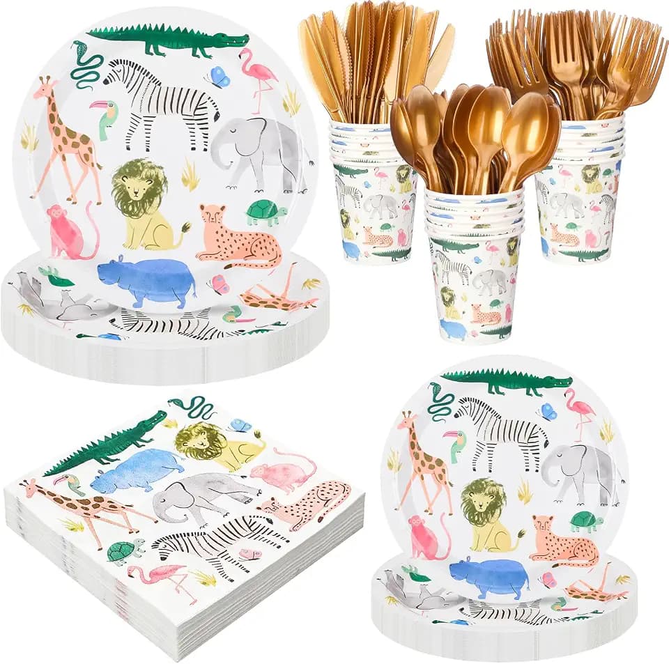 Newtay 350 Pcs/ 50 Sets Safari Animals Supplies Include Paper Plates, Napkins, Cups and Knife, Spoon, Fork Disposable Tableware Set for Safari Jungle Theme Birthday Decorations