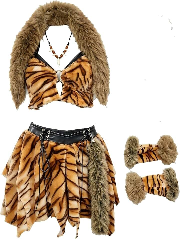 Cosplay.fm Women Cavewomen Costume Tiger Strips Animal Print Set Rave Outfits Top and Skirt Set