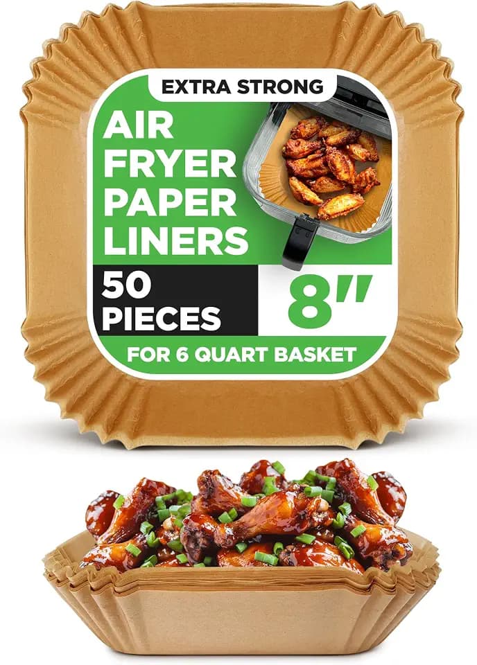 NutriChef 50-pcs Air Fryer Paper Liners - Square Disposable Parchment Liner | Non-Stick, Oilproof & Waterproof | Fits 5.8 QT Glass Pot | Airfryer Liners for Air Fryers, Ovens, Grilling & Baking