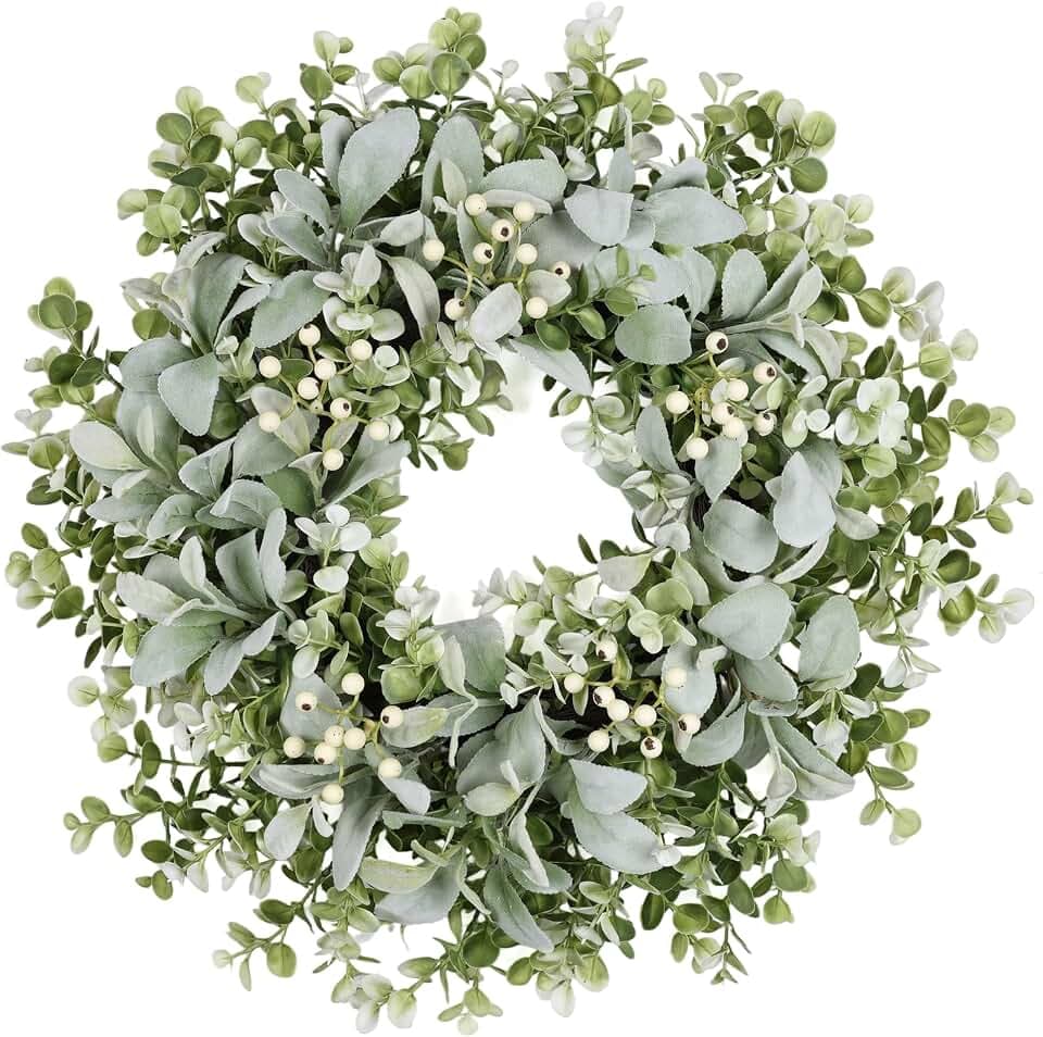 26 Inch Large Lambs Ear Wreaths for Front Door Spring Summer Lambs Leaves with White Berries, Artificial Greenery for Farmhouse Porch Wall Living Room Home Wedding Decor for All Seasons Wreaths