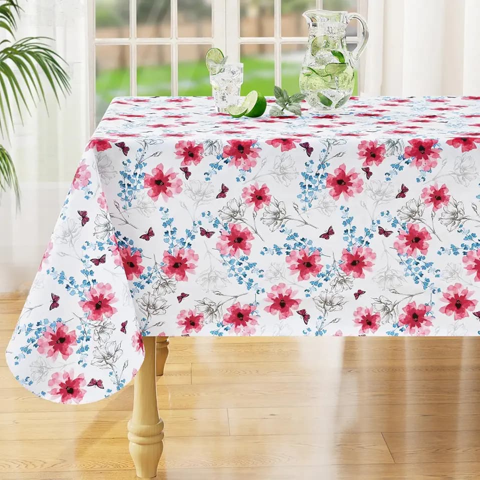 misaya Rectangle Waterproof Vinyl Table Cloth, Wipeable Tablecloth with Flannel Backing, Plastic Table Cover for Dinner, Picnic, Indoor and Outdoor (Sketched Flower, 60" x 102")