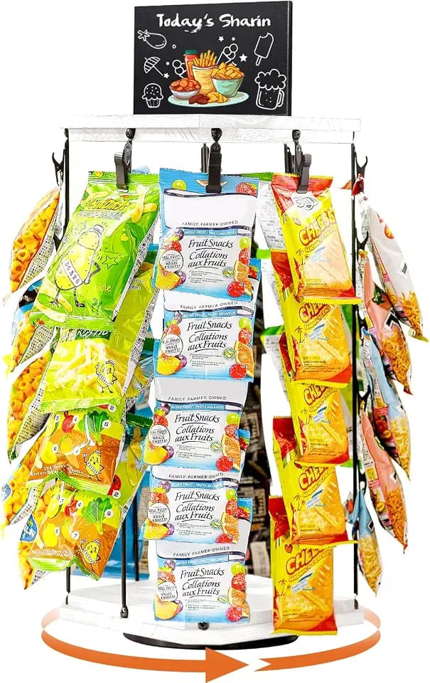 Pinzoveco Chip Rack Display Stand, 5-Tier 360° Rotating with 40 Clips