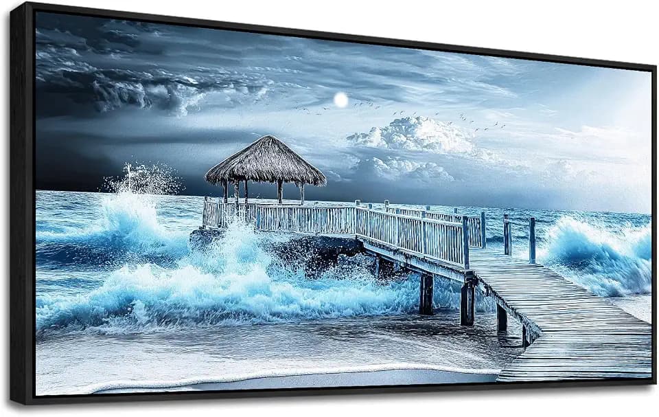 ERQINHUA Wall Decor For Living Room Canvas Wall Art For Bedroom Office Blue Wave Landscape Painting Black Frame Murals Artwork For Modern Stretched and Framed Beach Posters Home Decor 20"X40"