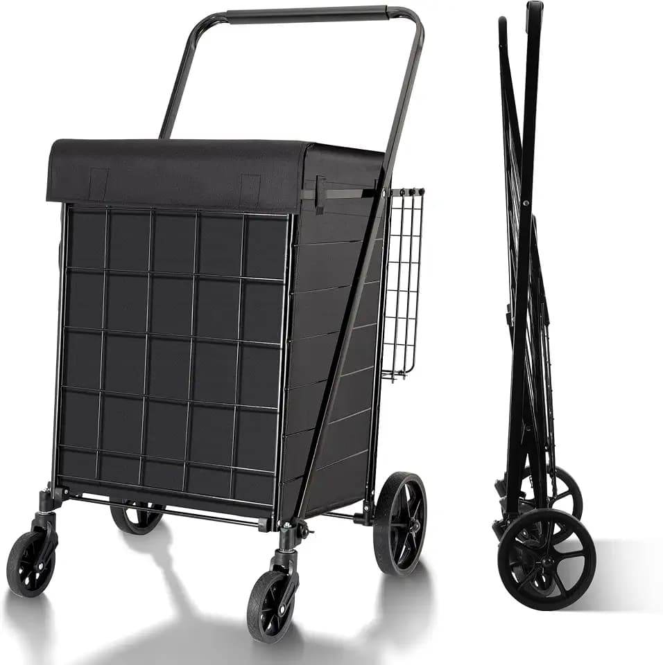 BIEAMA Folding Shopping Cart with Waterproof Liner, Grocery Cart 340 Lb