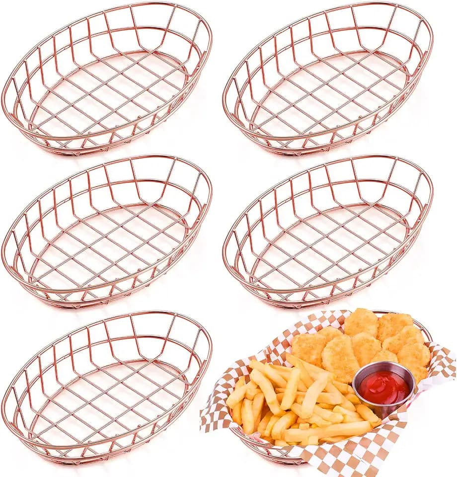 Tioncy 6 Pcs Oval Wire Baskets Chrome Metal Bread Serving Trays, Rose Gold