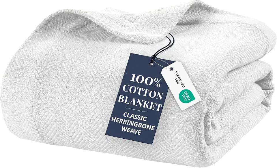 LANE LINEN King Size Blanket, 100% Cotton Textured Herringbone Weave