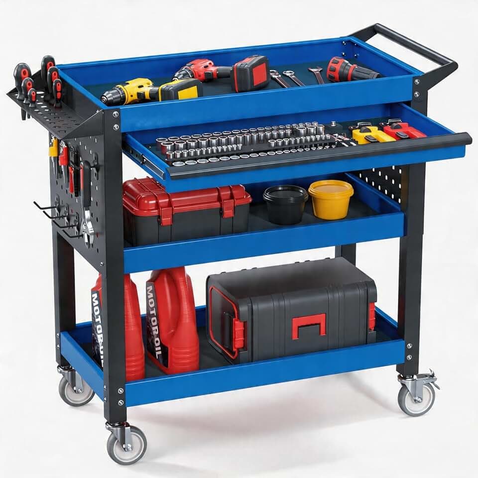 3-Tier Heavy Duty Metal Rolling Tool Cart with Drawers, Blue Black