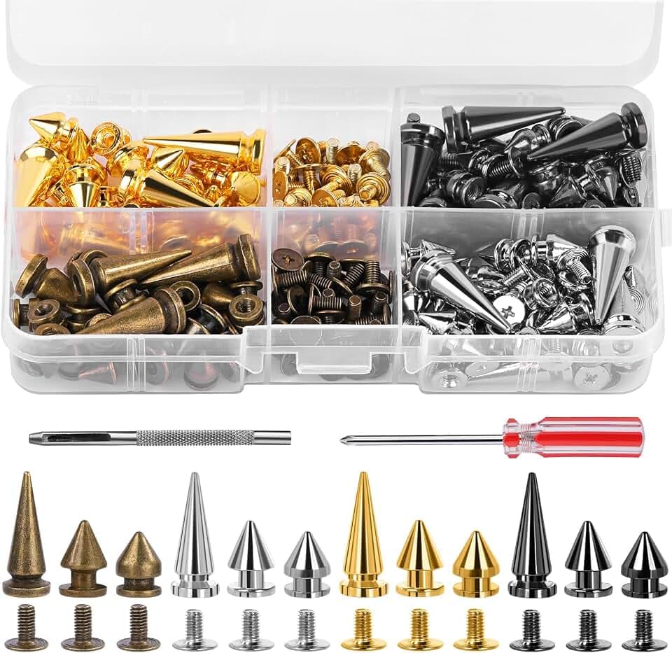 QMNNMA 120 Sets Punk Spikes and Studs Kit, 4 Colors Cone Spikes, 3 Sizes Metal Tree Spike Screwback Studs for DIY Leathercraft and Punk Style Clothing Accessories