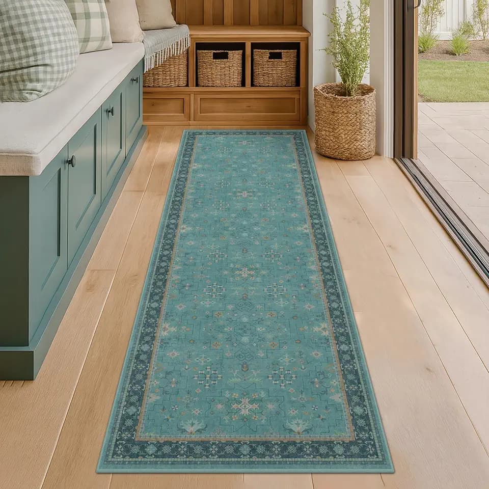 Boho 2'6"x8' Wide Hallway Runner Rugs - Teal 8ft Long Washable Door Rugs for Entryway Indoor, Non Slip with Rubber Backing, Vintage Floral Indoor Décor, Low Pile & Soft Carpet