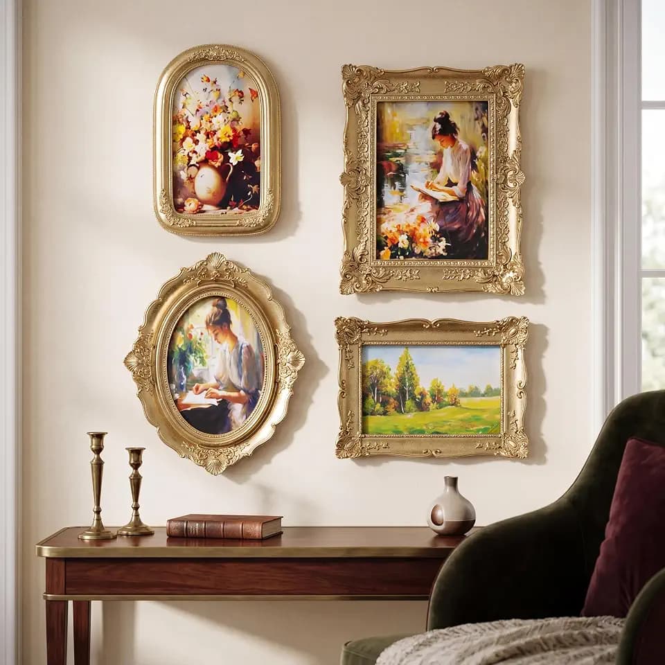 Geetery 4 Pcs Vintage Picture Frames Set for Gallery Wall, Gold Ornate Baroque Picture Frames, Antique Victorian Decorative Photo Frame for Tabletop or Wall Display, Shabby Cottagecore Home Decor