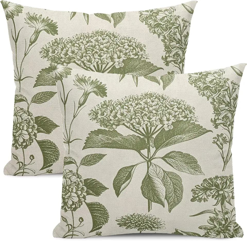 Floral Pillow Covers 18x18 Set of 2 Vintage Sage Green Hydrangea Herbs Botanical Throw Pillow Cover Outdoor Decoration Boho Flower Pillowcase Farmhouse Decorative Cushion Case for Home Sofa