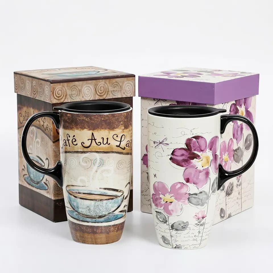 Topadorn Set of 2 Ceramic Travel Mugs with Lids, 17oz Floral Coffee Mug Set