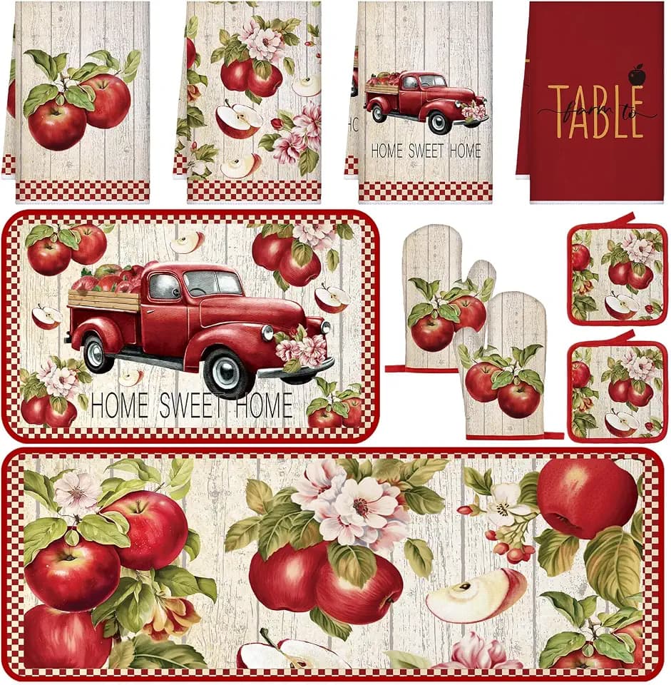 Fourluoo 10 Pcs Apple Kitchen Decor Set Farmhouse Red