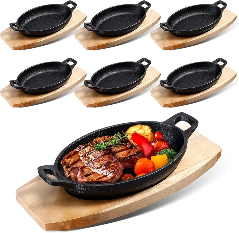 Mifoci 6 Pcs Mini Cast Iron Skillet with Wooden Base Small Cast Iron Fajita Plates Baker's Skillet Matte Black Pan Pot for Kitchen Restaurant Barbecue Dinner (8.5 x 6.1 x 1.7 Inches)