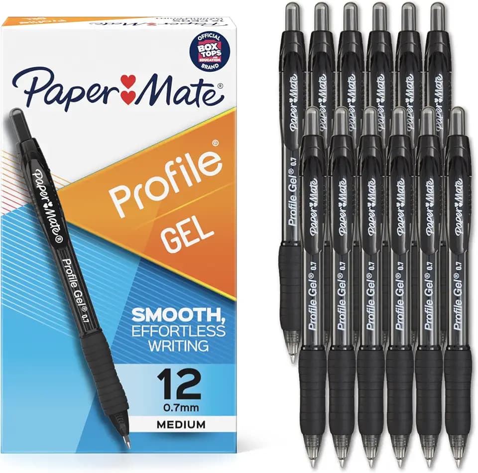 Paper Mate Profile Gel Pens, Retractable, Medium Point (0.7mm), Black Ink, 12 Count - Office Supplies, Writing, Note-Taking