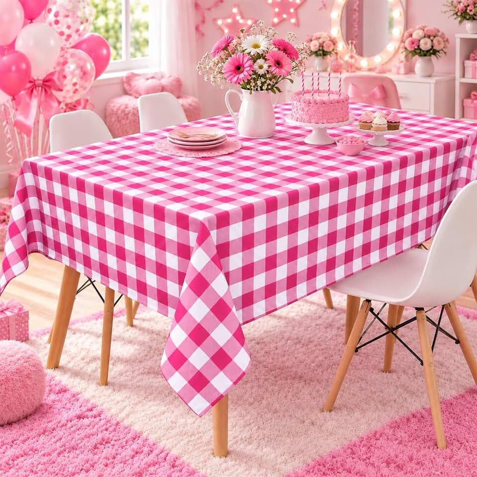 Gingham Tablecloth Fabric - Oblong 58x120 Water Resistant Valentine's Table Cloth for Indoor/Outdoor Use - Tabletop Cover Perfect for Birthday, Picnics, Gardens, and Valentines