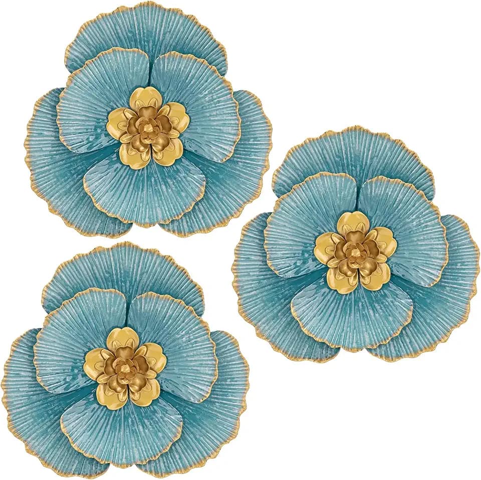 3 Pcs Metal Flower Wall Art Set 10 Inch Rustic Modern Floral Sculpture