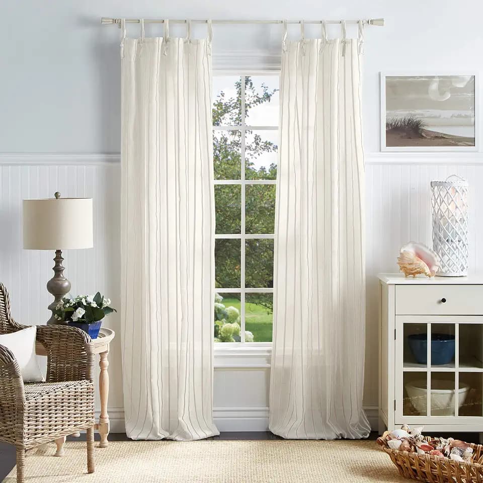 Martha Stewart Laguna Stripe Semi-Sheer Tie Tab Window Curtain Panel Pair, 84, Mocha